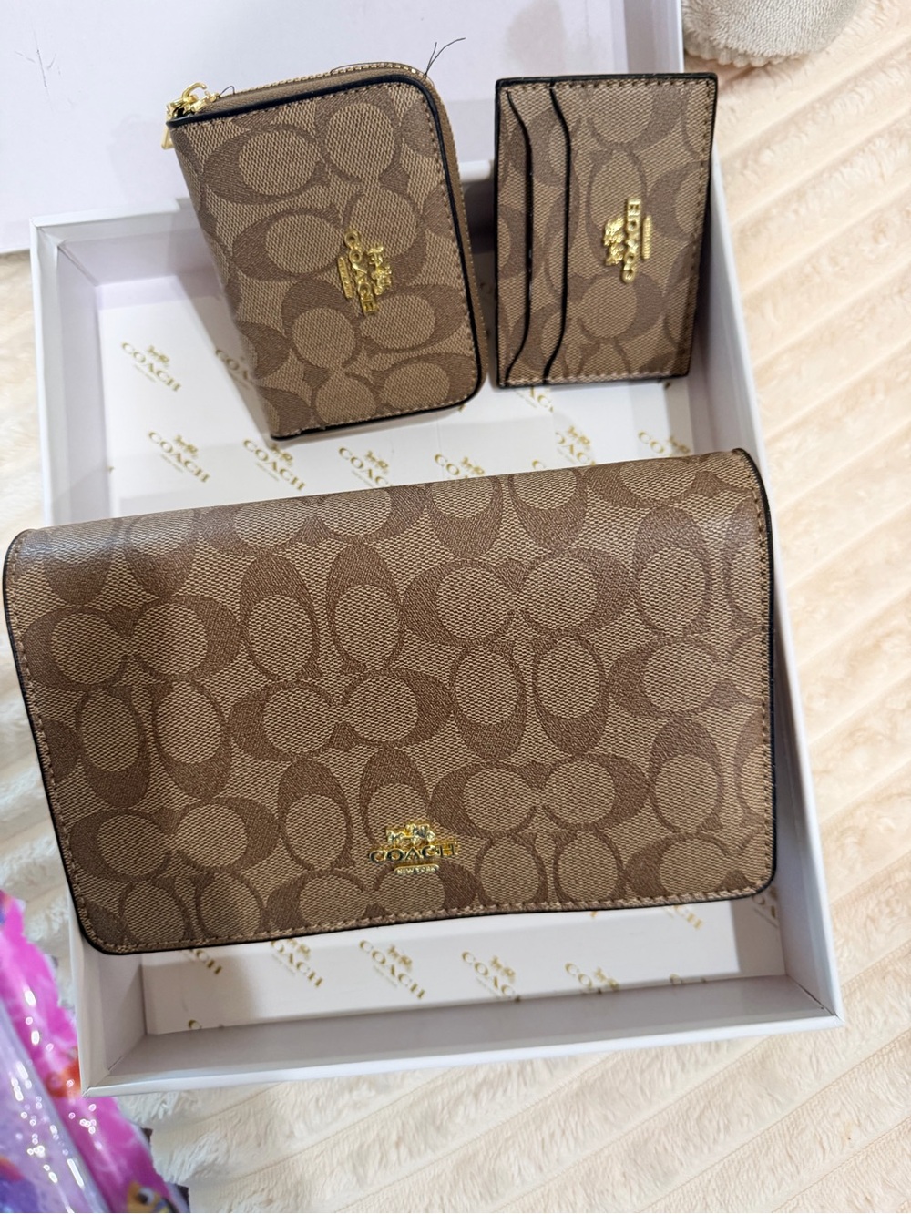 Coach Brown Signature Canvas Wallet, Card Case & Zip Pouch Set